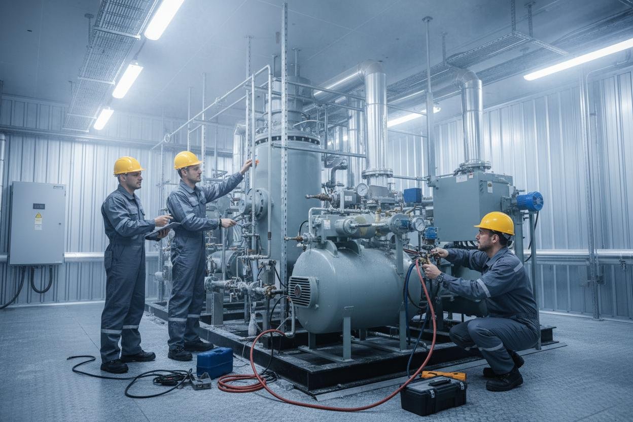 Perfect HVAC engineer at work on refrigeration equipment