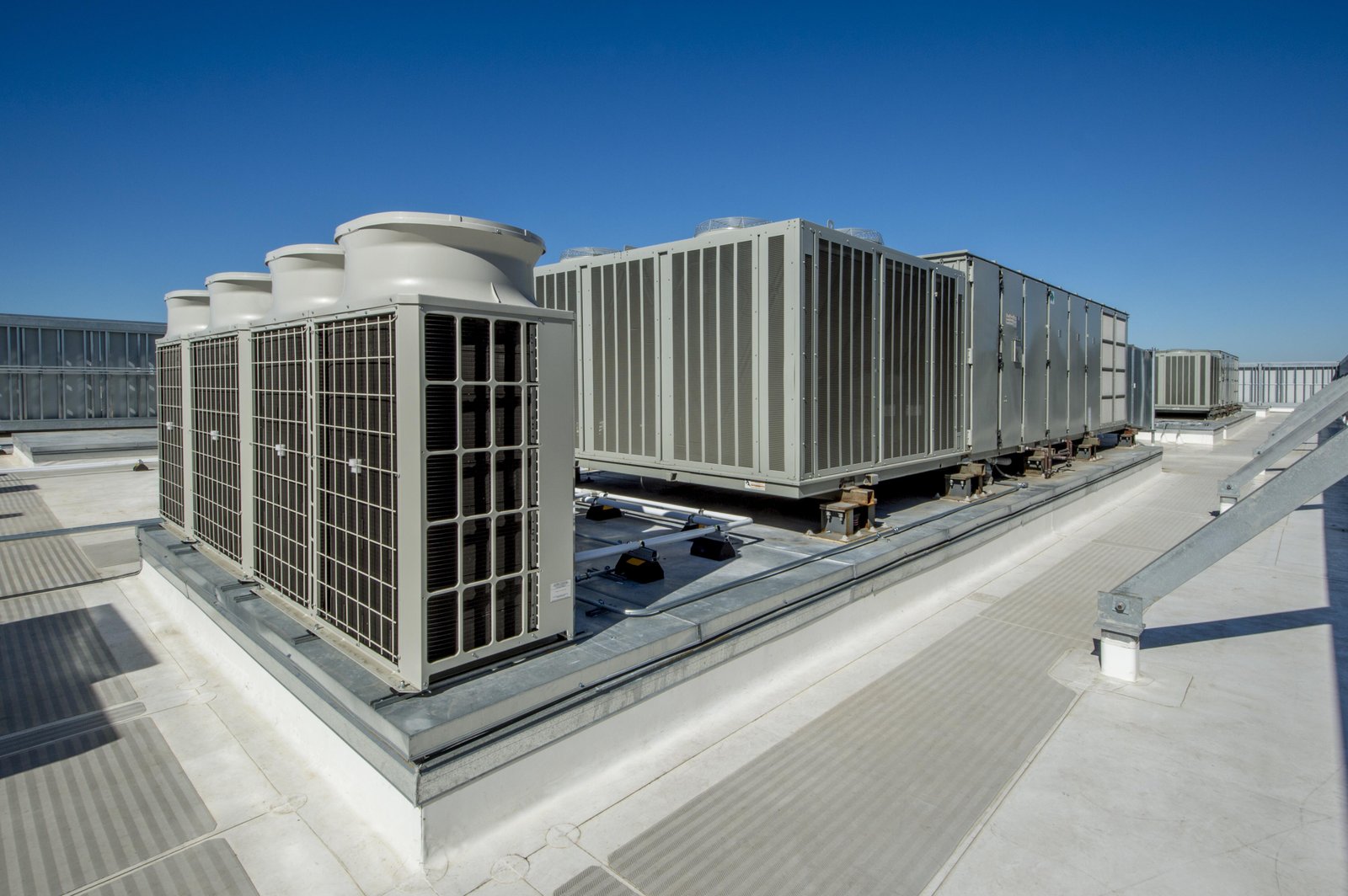 Commercial HVAC rooftop units on an office building